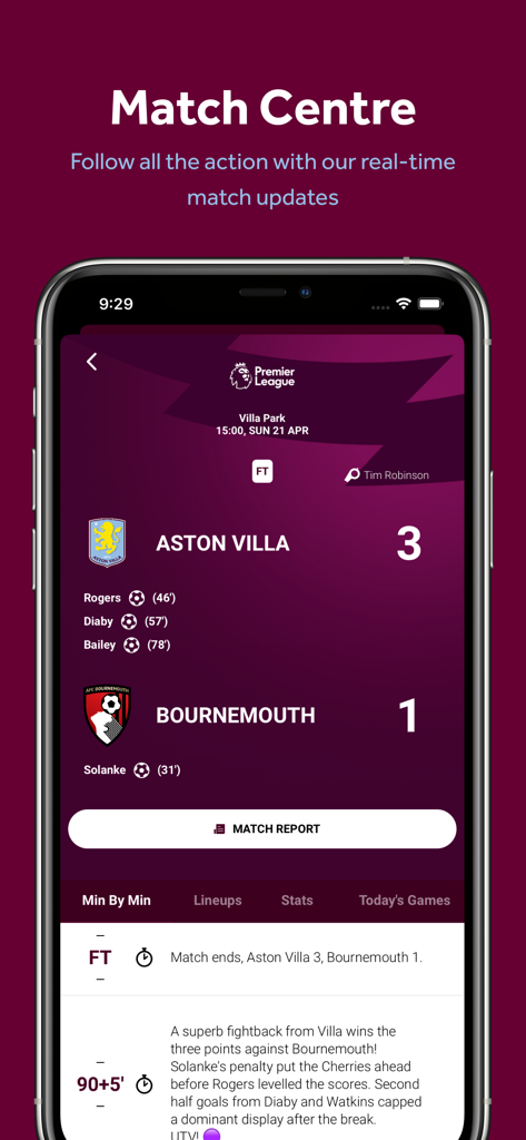 Aston Villa FC - 실시간 경기 업데이트 및 통계와 함께 본머스를 상대로 3 대 1 승리를 거둔 모습을 보여주는 애스턴 빌라 앱 매치 센터.