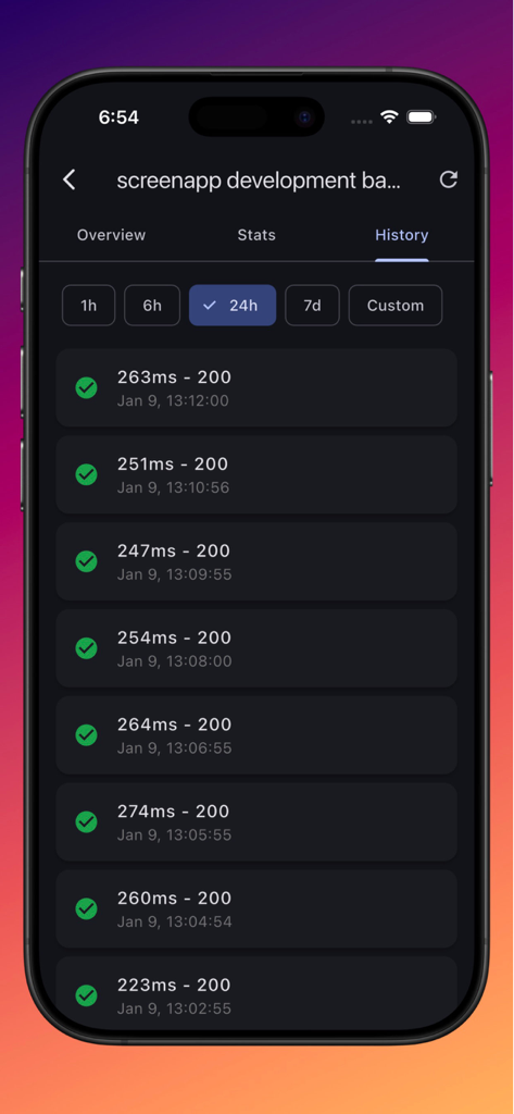 Uptime Monitor: Instant Alerts - Mobile screen showing a history log of website response times and status codes with a 24 hour time filter.
