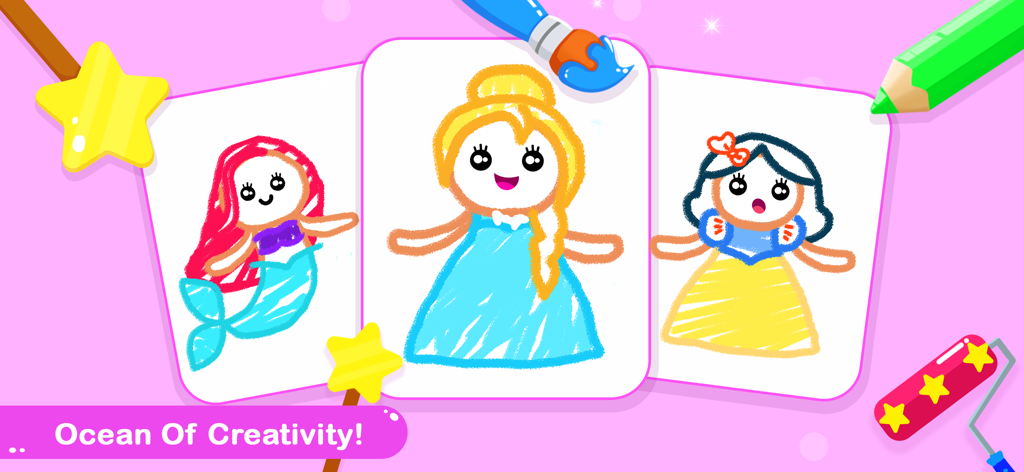 Drawing for Kids Coloring Game - Coloridos dibujos de princesas con varias herramientas de arte en el Juego de Dibujo y Coloreo para Niños.
