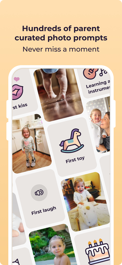 Firsties: Family Photo Sharing - Firsties mobile app screen showing curated baby milestone photo prompts like first toy and first laugh
