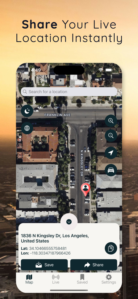 Live GPS Location Sharing - Smartphone screen showing real-time GPS location sharing with latitude and longitude on a satellite map