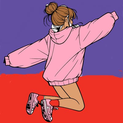 realistic girl jumping with a bun and oversized sweatshirt