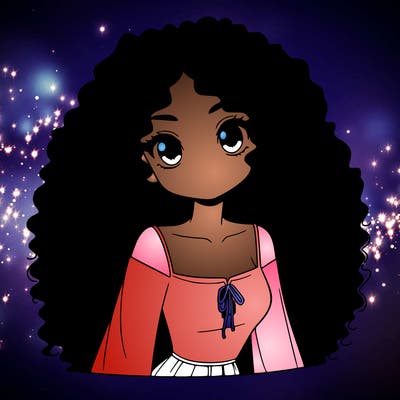 a black anime girl with long afro hair