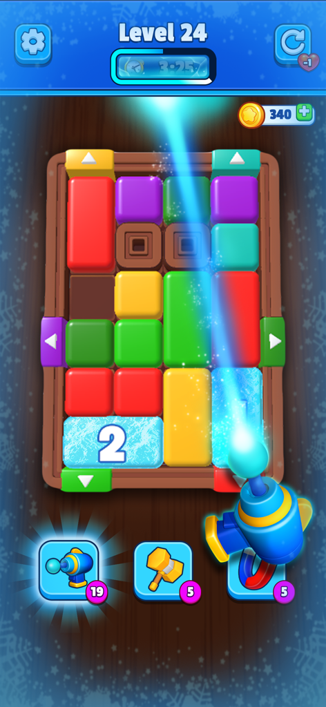 Color Jam Away - Block Puzzle - Gameplay of Color Jam Away showing Level 24 with colorful sliding blocks and a freeze power-up booster
