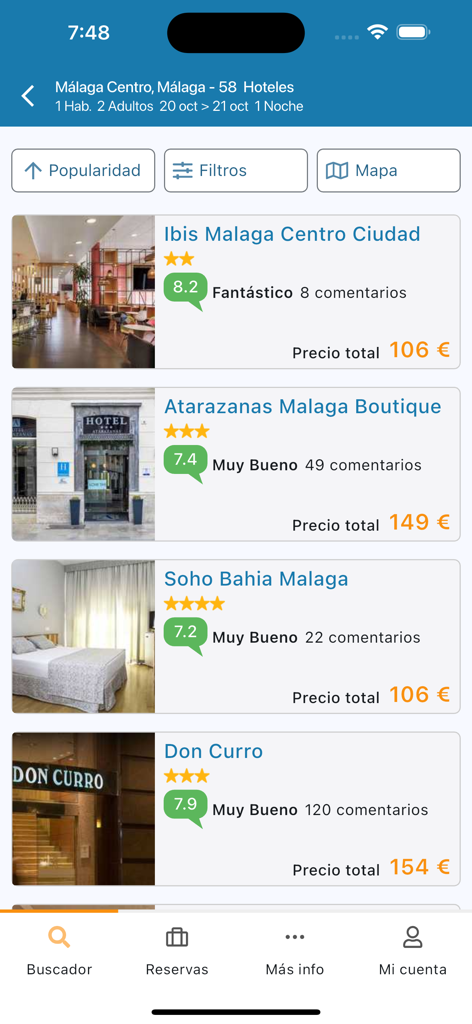 QueHoteles.com - QueHoteles mobile app interface showing hotel listings in Malaga with prices ratings and photos in Spanish