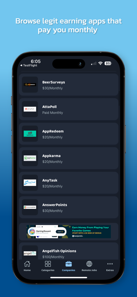 Feta - Make Money Online - A list of mobile apps for earning monthly income displayed within the Feta app interface.