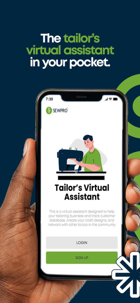 SewPRO - A hand holding a smartphone displaying the SewPRO app landing page with an illustration of a tailor sewing.