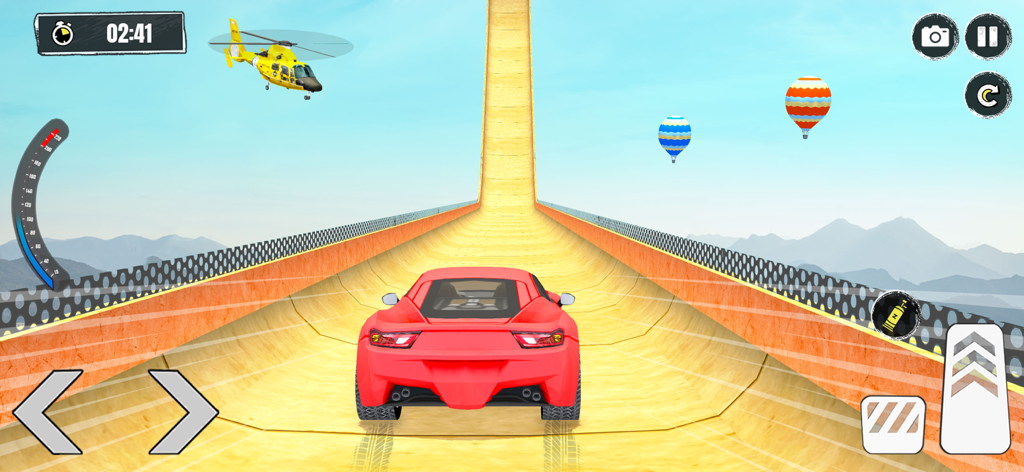 Extreme Car Driving: Mega Ramp - Un coche deportivo rojo en la base de una masiva mega rampa vertical en un juego de conducción 3D.