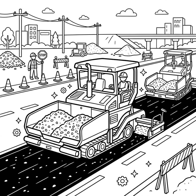 Dive into the world of construction with this detailed asphalt pavers coloring page. Watch as these powerful machines transform roads, accompanied by busy workers and essential safety elements.