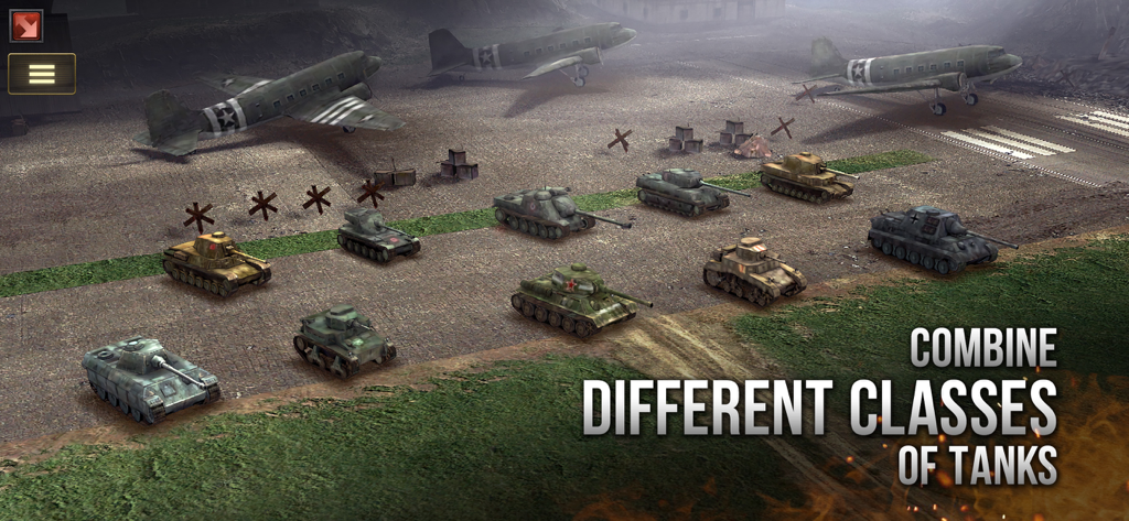 A variety of historical tank classes displayed on a military airfield in Armor Age Tank Wars.