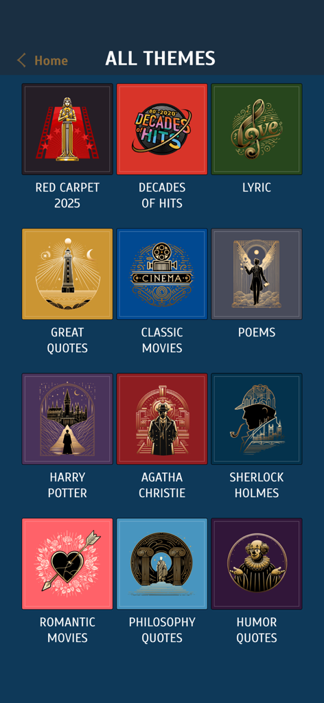 Cryptogram: Word Puzzle Master - Menu showing various puzzle themes such as literature and movies in Cryptogram game