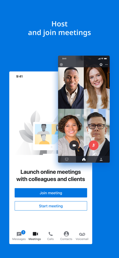 Intermedia Unite - Interface de l'application mobile Intermedia Unite pour héberger et rejoindre des vidéoconférences avec des collègues et des clients
