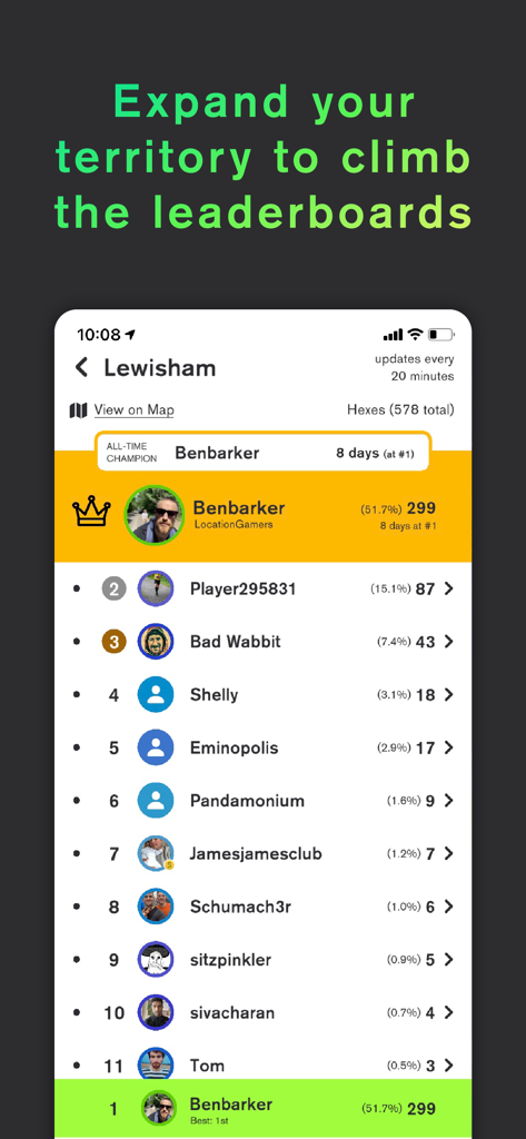 Stride: Fun Fitness Motivation - Rangliste in der Stride-Fitness-App, die Spieler-Rankings für die Eroberung von Gebieten anzeigt.