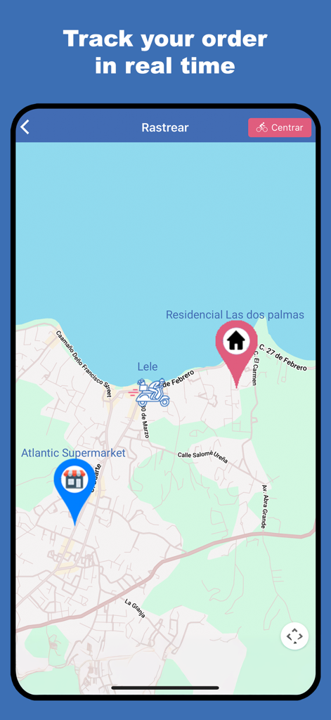 Komida ! - Real-time delivery tracking map in the Komida app showing a courier on a scooter moving towards the customer destination