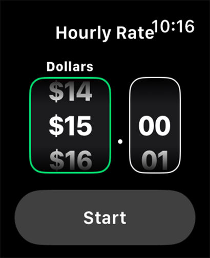 Apple Watch screen showing the hourly rate selection and start button in the Cash Clock app