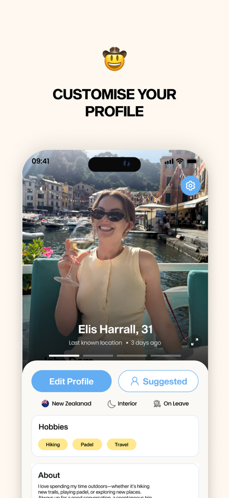 A mobile app screenshot showing a yacht crew member profile customization screen with hobbies and department details
