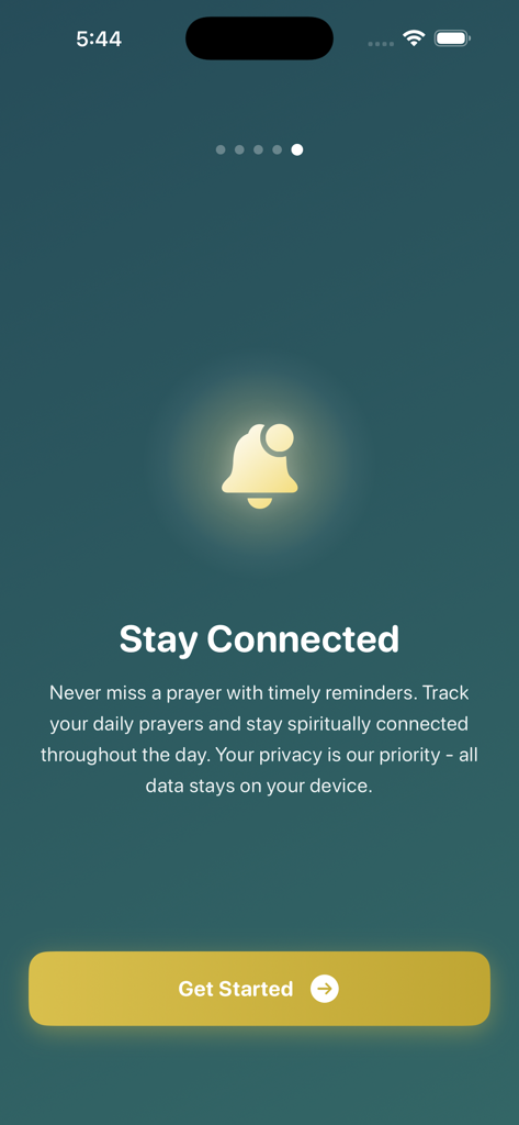 Ramadan 2026 Calendar - Pantalla de incorporación de la aplicación Ramadán 2026 con un icono de campana de notificación y un botón para comenzar