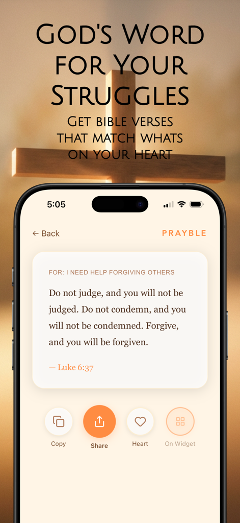 Prayble: Bible Widgets & Verse - A screenshot of the Prayble app showing a personalized Bible verse from Luke 6:37 about forgiveness on a clean aesthetic interface.