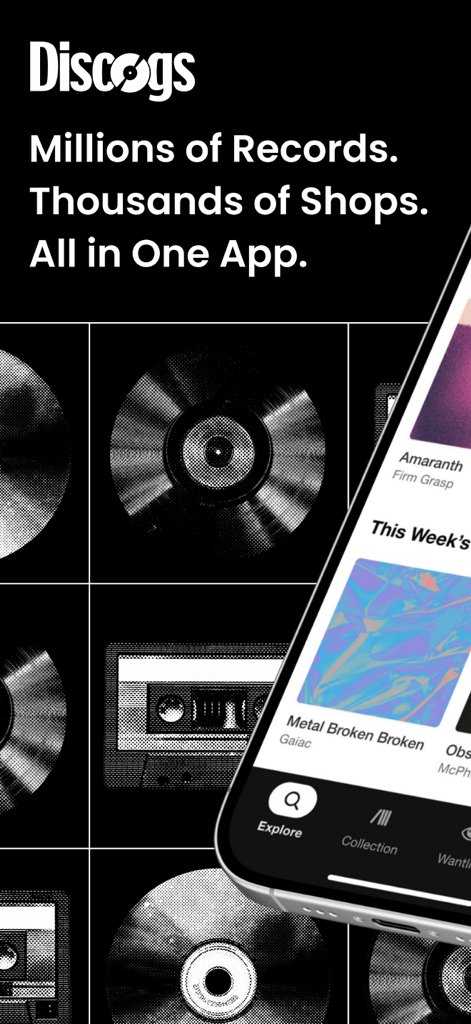 Discogs - Discogs app splash screen featuring the tagline Millions of Records Thousands of Shops with illustrations of vinyl records and cassettes