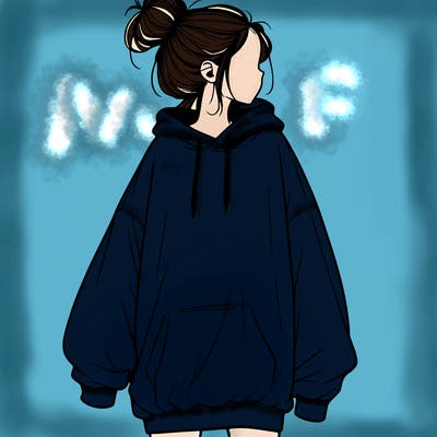 realistic girl with a oversized sweatshirt on and a bun