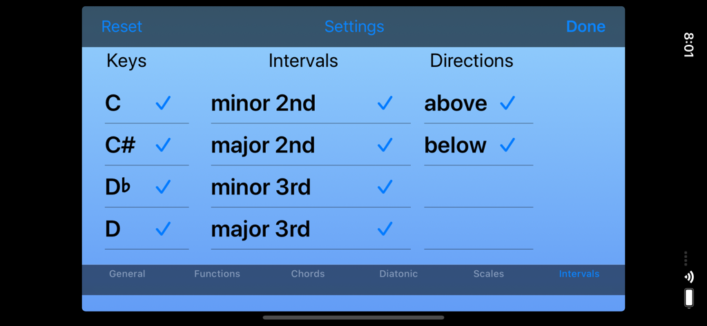 Pantalla de configuración en la aplicación Cuestionario de Teoría de Jazz que muestra opciones de personalización para intervalos musicales, tonalidades y direcciones.