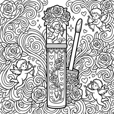 Unleash your creativity with this enchanting Valentine's Day lip gloss coloring page, brimming with romantic roses, playful cupids, and delicate hearts. A perfect artistic escape to celebrate love and beauty.