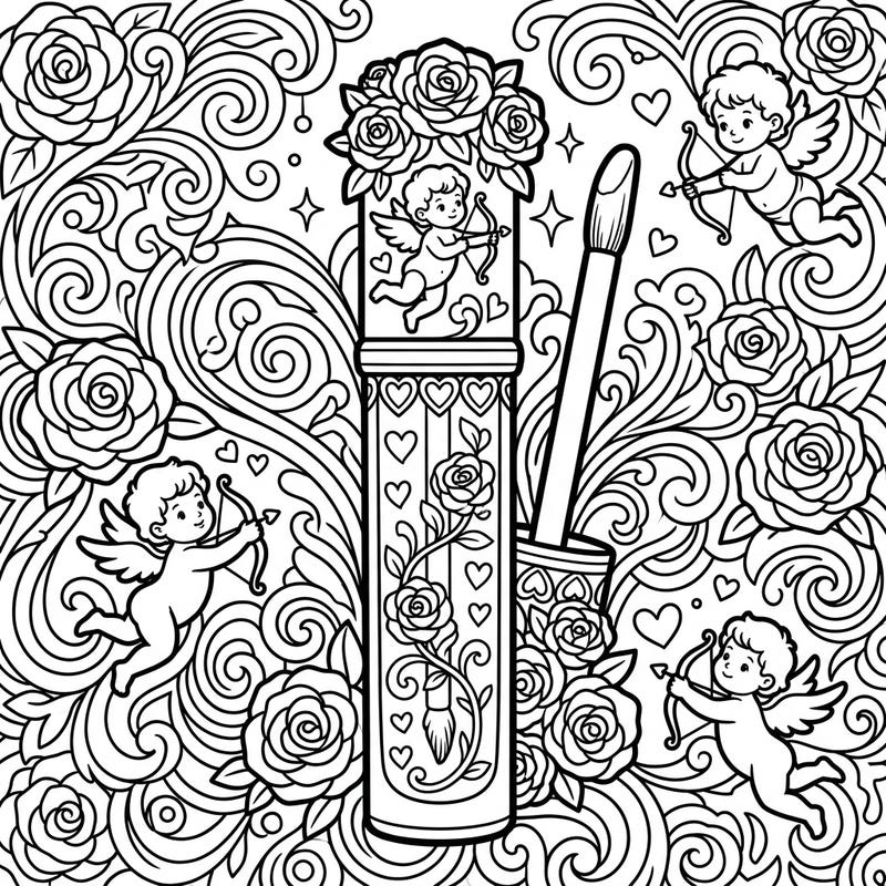 Unleash your creativity with this enchanting Valentine's Day lip gloss coloring page, brimming with romantic roses, playful cupids, and delicate hearts. A perfect artistic escape to celebrate love and beauty.