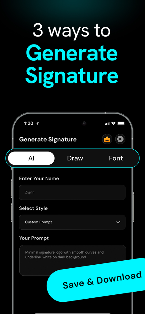 AI Signature Maker・Generator - Pantalla de la aplicación móvil para crear una firma usando indicaciones de IA e introducción de nombre
