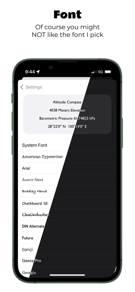 Altitude Compass - Custom font selection screen in the Altitude Compass app showing multiple font options and environmental data preview