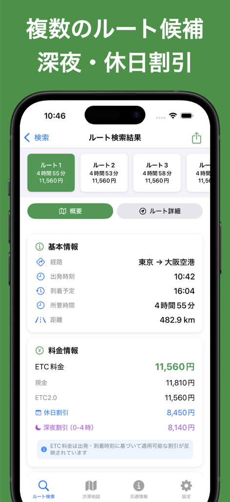Interface of the Expressway Nav app showing route options and toll prices for a drive from Tokyo to Osaka