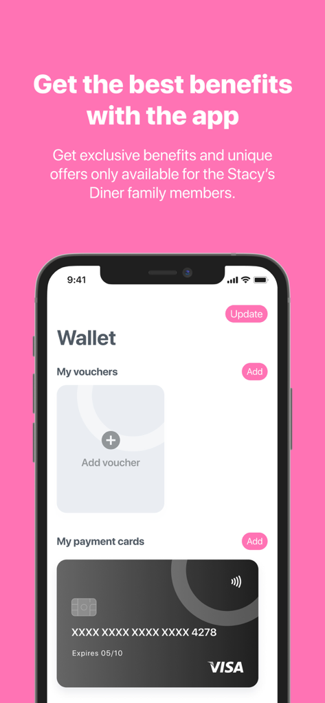 Stacy's Diner - Stacys Diner mobile app wallet screen showing vouchers and payment card integration