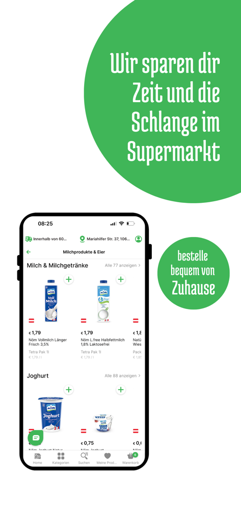 Alfies - Smartphone zeigt die Alfies App-Lebensmitteloberfläche mit Milch- und Joghurtprodukten
