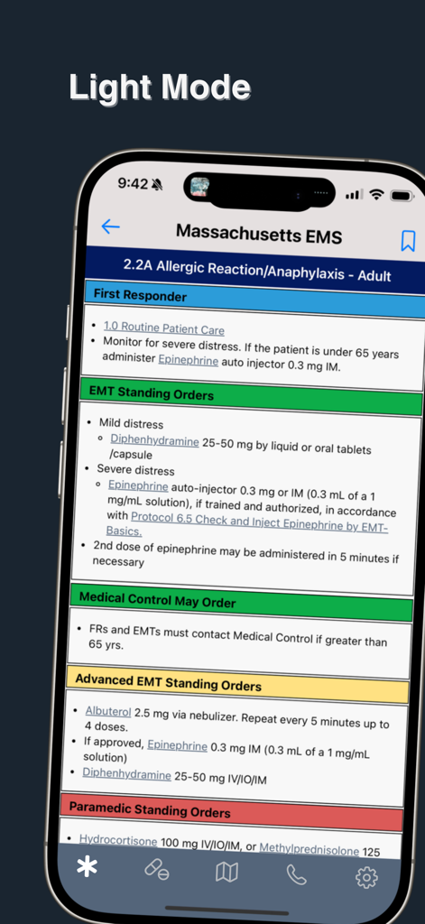 Smartphone screen displaying the Massachusetts EMS app's allergic reaction protocol for adults in light mode.