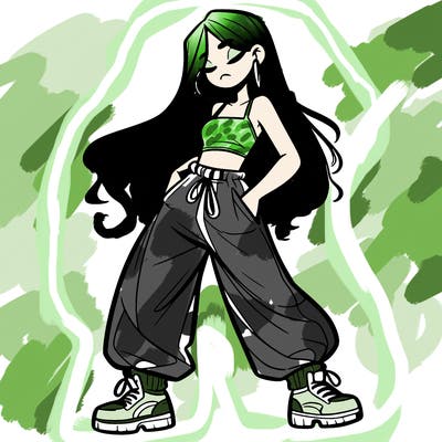 girl in baggy pants crop top and long hair
