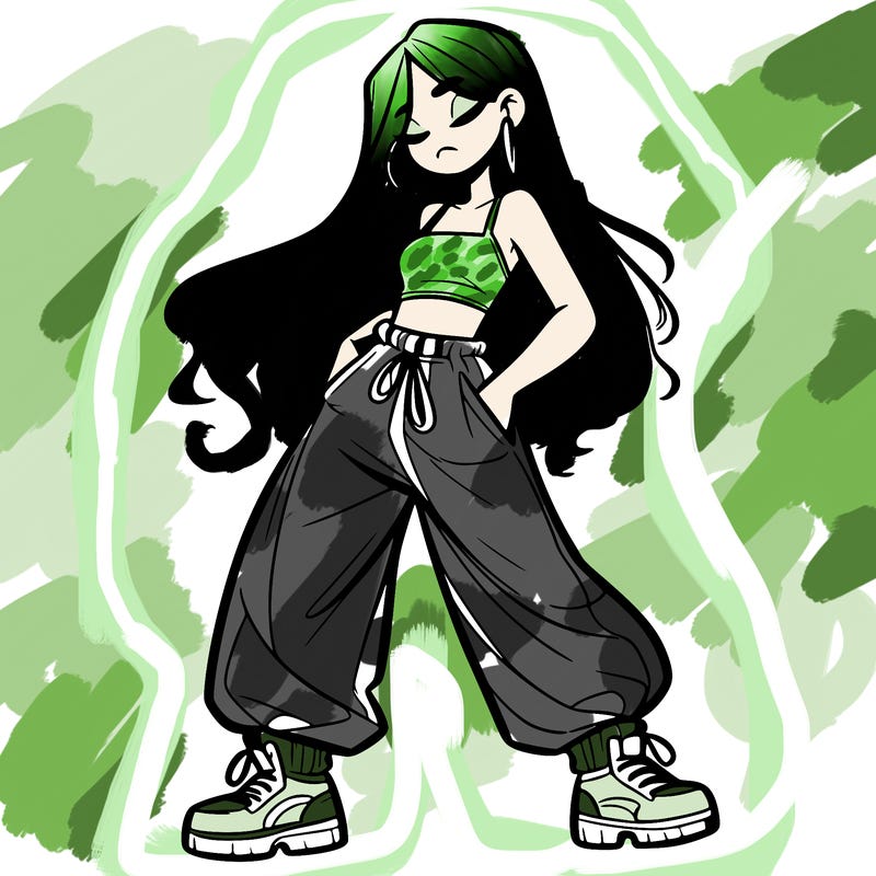 girl in baggy pants crop top and long hair