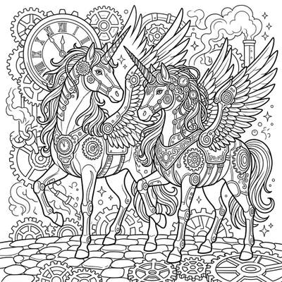 Explore a mesmerizing world where fantasy meets Victorian-era machinery with our Steampunk Winged Unicorns coloring page. This intricate design features two magnificent winged unicorns adorned with gears, cogs, and steam accents, ready for your artistic touch.