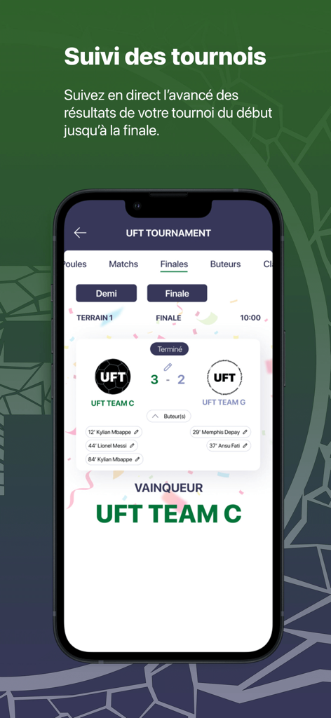UFT - tournoi & match de foot - Mobile app interface displaying live soccer tournament results and the final match winner