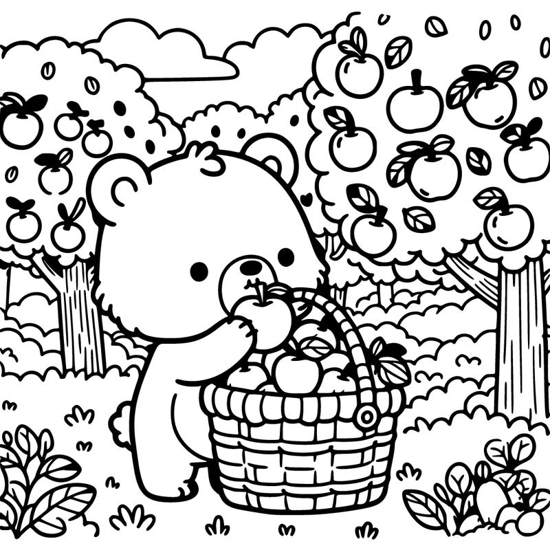a cute bear picking and eating fruits in an orchard.