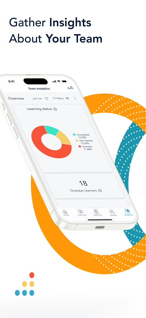 The Bridge LMS mobile app displaying a team analytics dashboard with a donut chart for learning status and overdue learners count.