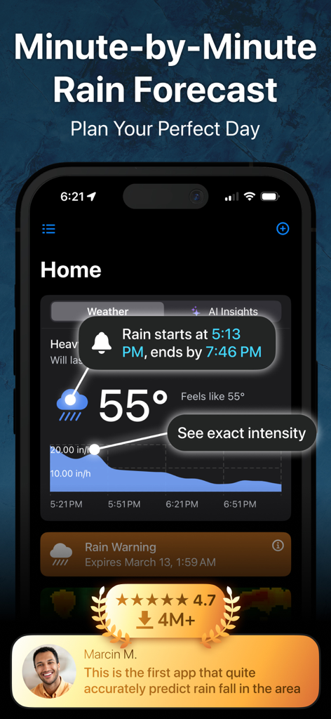 RainViewer: Live Weather Radar - RainViewerアプリ画面、詳細な分ごとの降雨予測グラフとダークインターフェイス上の気象アラートを表示