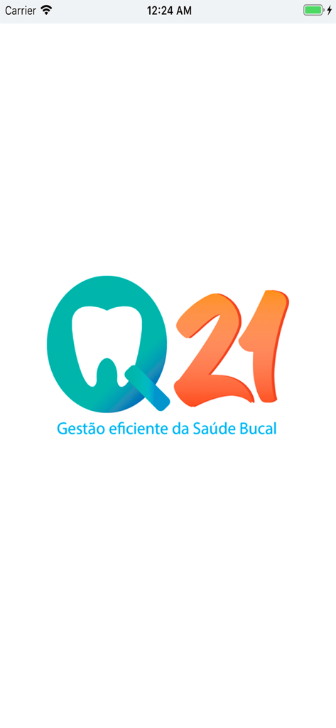 Q21 - Pantalla de inicio de la aplicación de gestión dental Q21 con el logo e ícono de diente