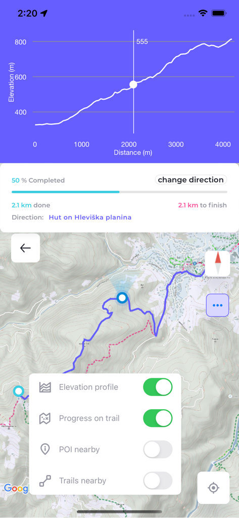Monolit2Go - Monolit2Go app displaying elevation profile and topographic map for hiking in Slovenia