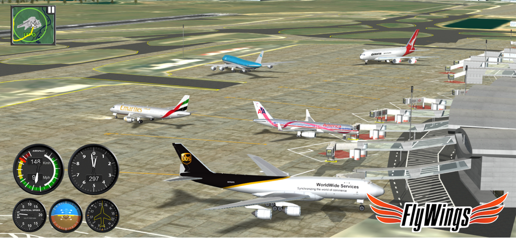 Flight Simulator FlyWings 2015 - Jugabilidad de Flight Simulator FlyWings 2015 mostrando varios aviones comerciales estacionados en la terminal de un aeropuerto con instrumentos de vuelo funcionales