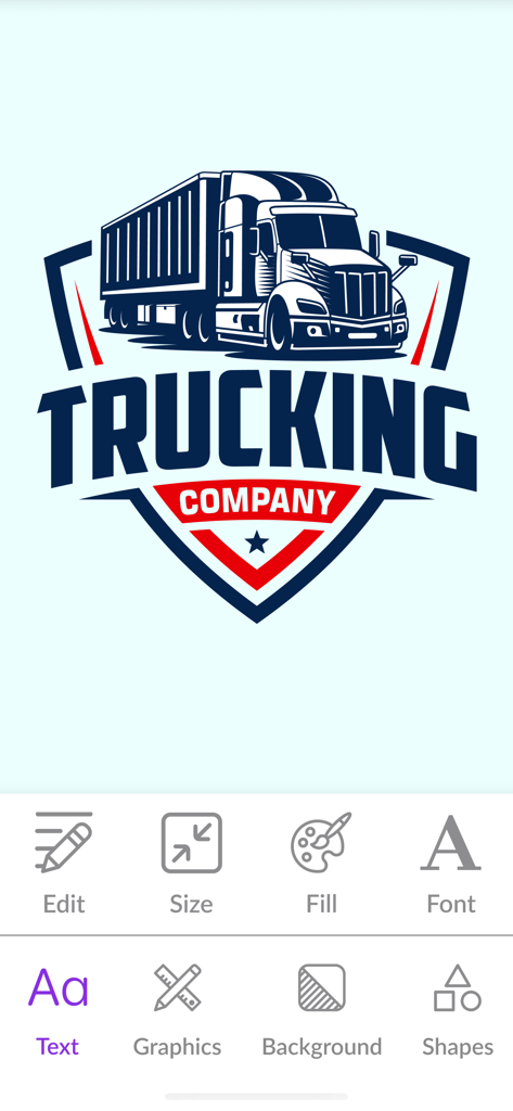 AI Logo Maker + Logo Generator - Mobile app screen showing a professional trucking logo design with editing tools for size font and graphics