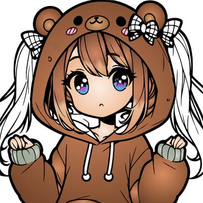 cute anime girl with ponytails and a cute bear hoodie