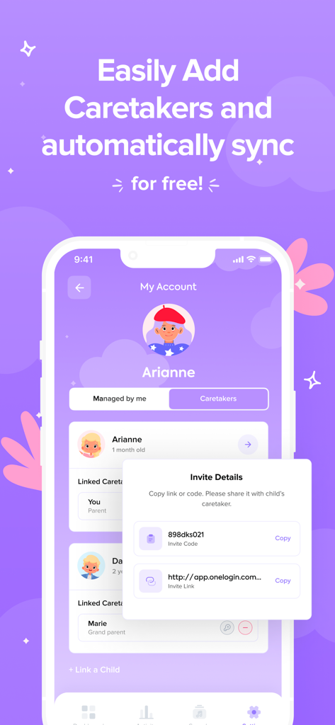 Baby Tracker by CS - Interfaz que muestra cómo invitar cuidadores y sincronizar datos del bebé gratis en la aplicación Baby Tracker.