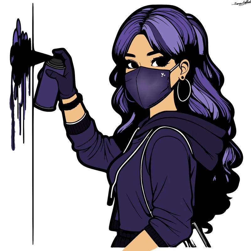 realistic girl with mask spray painting a wall