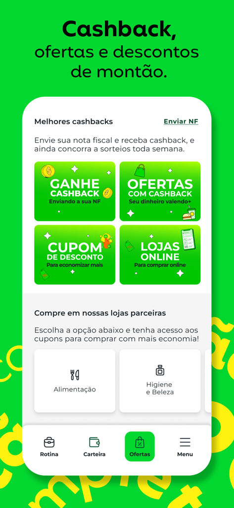 SuperApp VR mobile interface showing cashback options discount coupons and partner store categories like food and beauty.