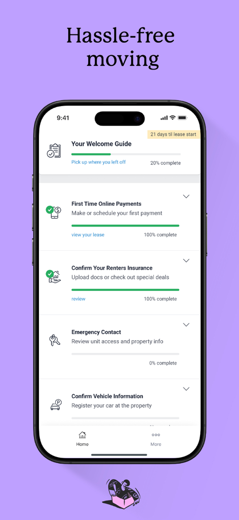 LOFT Living - Una schermata di un'app mobile che mostra una checklist per il trasloco senza stress per i nuovi residenti dell'appartamento, inclusi pagamenti d'affitto e conferma dell'assicurazione.