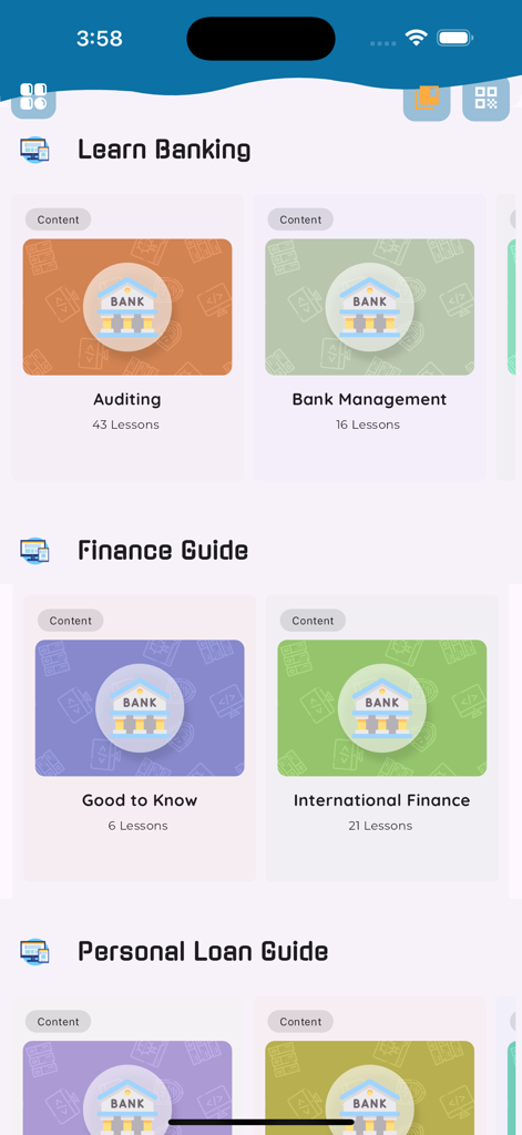 Learn Banking Offline [PRO] - Interfaccia dell'app mobile che visualizza categorie di corsi di finanza e banking come gestione bancaria e finanza internazionale